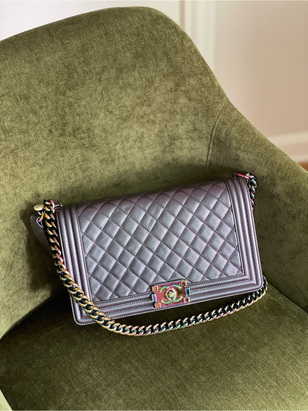 CHANEL Iridescent Mermaid Lavender Quilted boy Bag with Rainbow Chain